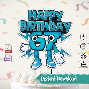 Puede incluir: Un adorno para tarta de cumpleaños azul y negro con las palabras "HAPPY BIRTHDAY" y el número "67". El diseño incluye un personaje de dibujos animados con rayos y las palabras "Instant Download".