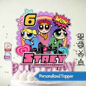Custom Cake Topper for Kids Birthday Party Decor Superhero PowerPuff Girls Themed Design Personalised Digital Printable PNG and PDF Easy DIY