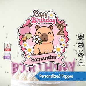 Decorazione personalizzata per torta di compleanno per bambini, con simpatico design a tema capibara, stampabile in formato PNG e PDF, facile da personalizzare.