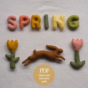 Patrón de costura fácil para pancarta de primavera de fieltro y guía de instrucciones en PDF digital: letras mayúsculas de 2", liebre y tulipán para decorar la pared de la temporada.