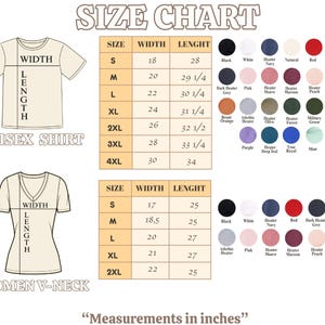 May include: Size chart for unisex and women's V-neck shirts. The chart includes measurements in inches for width and length, along with a color palette. Sizes range from S to 4XL for unisex shirts and S to 2XL for women's V-neck.