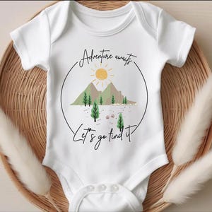 Adventure Awaits Let&#39;s Go Find It Bodysuit Brand, Adventurer Baby Bodysuit, Hiking Baby Clothes, Camping Baby Gift