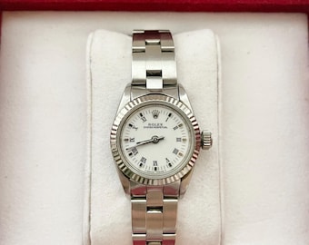 Vintage Rolex Oyster Perpetual 67194 Ladies Watch 26mm White Roman Dial 18k Bezel