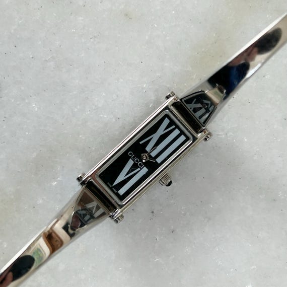 Gucci Silver and Black Roman Numeral Bracelet Watch Gucci 14x34mm G-Frame Small Rectangular Watch with Leather  main image 4