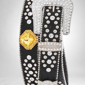 Rhinestone Western Belt with Square Crystal Bling  Studded Leather