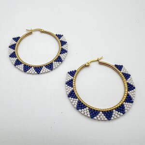 Navy White Beaded Hoops | Gold Woven Earrings | Miyuki Hoop Earrings | Lightweight Boho Jewelry | Gift for Her