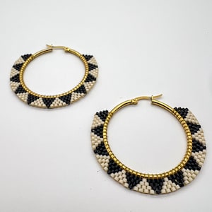 Black Cream Beaded Hoops | Gold Woven Earrings | Musubi Miyuki Hoops | Lightweight Boho Earrings | Handmade Jewelry Gift