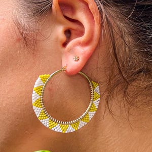 Acid Yellow Beaded Hoop Earrings | Boho Gold Hoop Earrings | Miyuki Statement Hoops | Lightweight Woven Hoops | Gift for Her