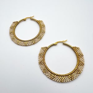 Cream Gold Beaded Hoops | Lightweight Miyuki Earrings | Gold Woven Hoop Earrings | Boho Statement Jewelry | Gift for Her