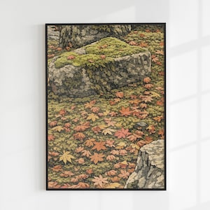 Puede incluir: Una impresión enmarcada que representa una escena exterior serena. Grandes rocas cubiertas de musgo están rodeadas de hojas de otoño caídas en tonos de rojo, naranja y amarillo. La obra de arte tiene una apariencia detallada y texturizada.