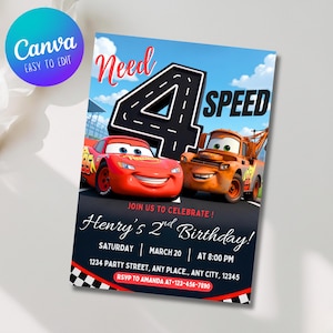 May include: A rectangular birthday invitation card featuring Lightning McQueen and Mater on a racetrack. The text reads Need 4 SPEED, JOIN US TO CELEBRATE! Henry's 2nd Birthday, SATURDAY, MARCH 20, AT 8:00 PM, 1234 PARTY STREET, ANY PLACE, ANY CITY, 12345.