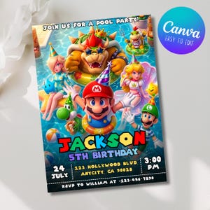 Super Mario Pool Party Invitation, Mario Galaxy Pool Party, Super Mario Summer Themed Party, Editable Canva Template (Digital Download)