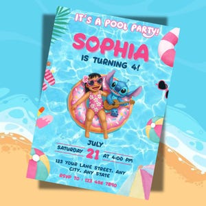 Bearbeitbare Stitch Pool Party Einladung, Lilo & Stitch-Geburtstagsfeier einladen, Printable Pool Geburtstag einladen, Mädchen Pool Party, Canva editierbar