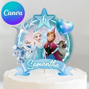 Può includere: Un cake topper con i personaggi del film Frozen, tra cui Elsa, Anna, Olaf e Sven. Il topper presenta una stella blu con il numero 6, un palloncino a forma di cuore e uno striscione con la scritta "Samantha".