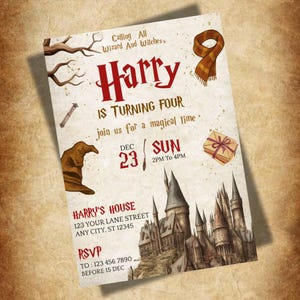 Wizard and Witches Birthday Invitation, Magic School Party Invite, Editable Canva Template, Wizarding World Themed Birthday Card