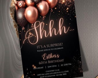 Shhh It's a Surprise Birthday Invitation, Rose Gold Adult Party Invite, Editable Invitation, Women’s Elegant Black & Rose Gold Template