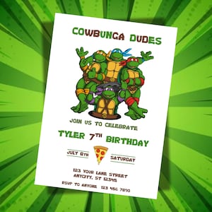Ninja Turtles Birthday Invitation, Turtles kids Birthday template, Cowabunga Dudes, Editable Invitation, Printable Ninja Turtle Theme Invite