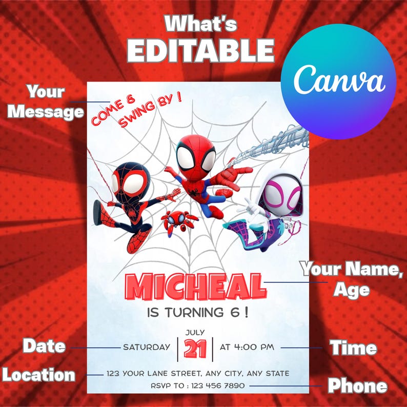 Może przedstawiać: Zaproszenie na przyjęcie urodzinowe z postaciami Spider-Mana. Projekt zawiera tekst "What's Editable" i "Canva". Zaproszenie jest dla Michaela, kt&oacute;ry kończy 6 lat, z datą 21 lipca o godzinie 16:00. Zawiera informacje RSVP.