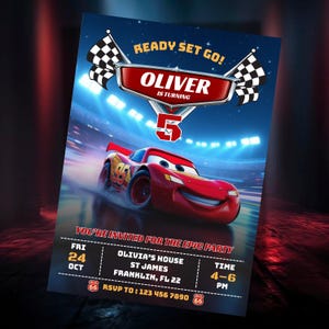 May include: A birthday party invitation featuring the animated character Lightning McQueen from the movie Cars. The invitation has a blue background with the text "READY SET GO!" and "OLIVER IS TURNING 5". Additional text includes party details.