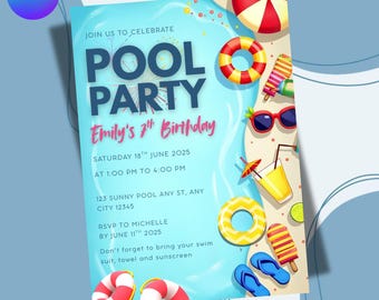 Pool Party Birthday Invitation, Summer Party Invite, Kids Swimming Party, Editable Canva Template, Kids Pool Birthday Celebration