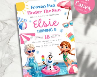 Gefrorener Spaß Sommer Party Geburtstagseinladung, Pool-Party Prinzessin Elsa Anna Olaf Invite 2.3.4.5