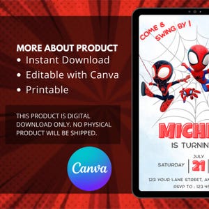 Może przedstawiać: Cyfrowe zaproszenie z postaciami Spider-Mana. Projekt zawiera tekst "Come & Swing By!" i "MICHI IS TURNING". Zaproszenie można edytować w Canva i jest dostępne do natychmiastowego pobrania i wydrukowania.
