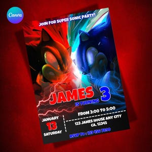 Sonic Birthday Invitation, Super Hedgehog Boys Party Invite, Sonic Birthday Invite, For Boy and Girl invitation, Canva Instant Download