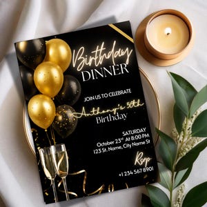 Invitación digital a cena de cumpleaños, invitación en negro y dorado, Evite para hombres y mujeres, invitación minimalista de cena de cumpleaños de Evite, invitación para cualquier edad