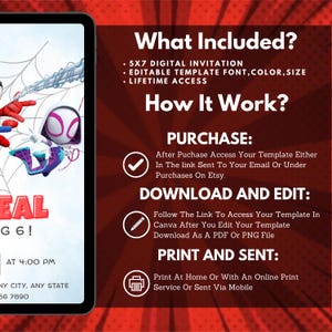 Może przedstawiać: Cyfrowy szablon zaproszenia na tablecie, z Spider-Manem i Spider-Gwen. Zaproszenie zawiera szczeg&oacute;ły wydarzenia i instrukcje: kup, pobierz, edytuj, wydrukuj i wyślij. Tło jest czerwone z białym tekstem.