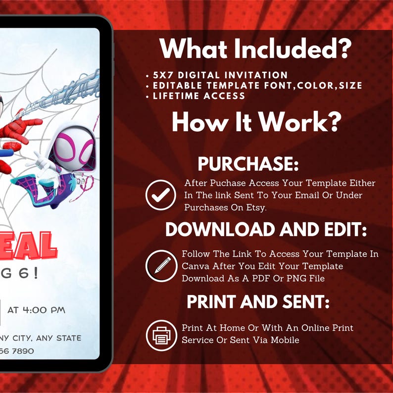 Może przedstawiać: Cyfrowy szablon zaproszenia na tablecie, z Spider-Manem i Spider-Gwen. Zaproszenie zawiera szczeg&oacute;ły wydarzenia i instrukcje: kup, pobierz, edytuj, wydrukuj i wyślij. Tło jest czerwone z białym tekstem.