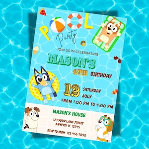 Bluey Pool Party Birthday Invitation, bluey birthday invitation, Summer Birthday Party invitation Bday Party Invite, Canva Editable