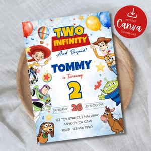 May include: A colorful birthday invitation featuring characters from a popular animated movie. The invitation includes the text "Two Infinity And Beyond!" and "Tommy is turning 2". The date is January 26th at 5:00 PM. The invitation also includes an RSVP.