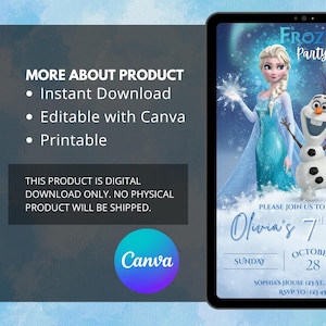 May include: Digital invitation for a "Frozen" themed party. The design features Elsa and Olaf, with text that reads "Olivia's 7th". The invitation is editable with Canva and available for instant download.