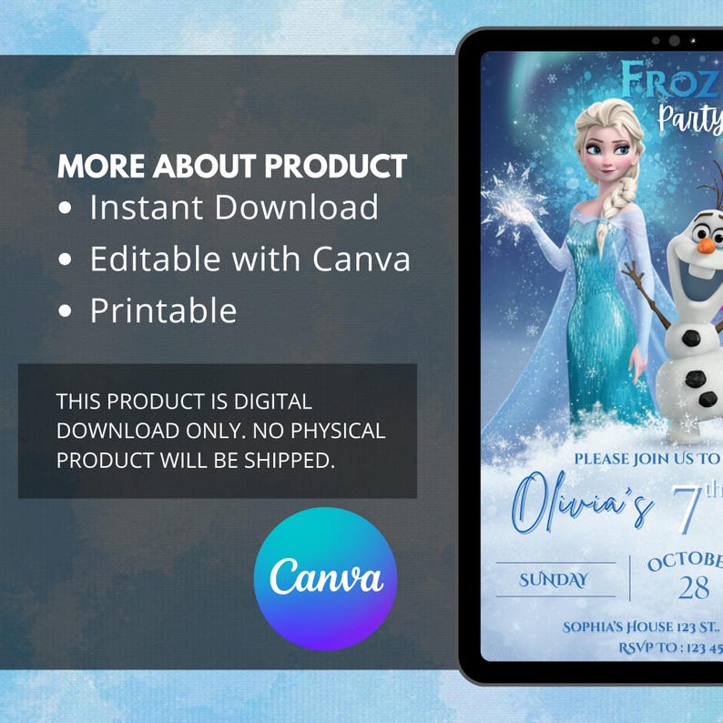 May include: Digital invitation for a "Frozen" themed party. The design features Elsa and Olaf, with text that reads "Olivia's 7th". The invitation is editable with Canva and available for instant download.