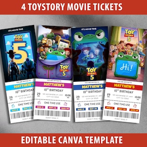 May include: Four Toy Story film tickets featuring different character designs. Each ticket is personalised for Matthew's 10th birthday, with date, time, and location. The tickets are a Canva template.
