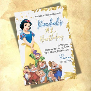Convite de aniversário da Branca de Neve - Convite para festa de princesa para meninas - Cartão de aniversário editável - Tema de conto de fadas - Download digital para impressão