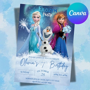 Op de afbeelding: Een Frozen-thema verjaardagsuitnodiging met Elsa, Anna en Olaf. De uitnodiging bevat de tekst "Frozen Party" en "Olivia's 7th Birthday". De datum is 28 oktober, het feest van 14.00 tot 16.00 uur.