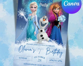 May include: A Frozen-themed birthday party invitation featuring Elsa, Anna, and Olaf. The invitation includes the text "Frozen Party" and "Olivia's 7th Birthday". The date is October 28th, with the party from 2 PM to 4 PM.