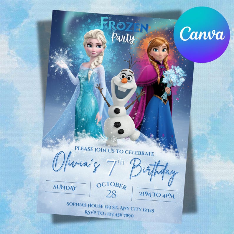 May include: A Frozen-themed birthday party invitation featuring Elsa, Anna, and Olaf. The invitation includes the text "Frozen Party" and "Olivia's 7th Birthday". The date is October 28th, with the party from 2 PM to 4 PM.