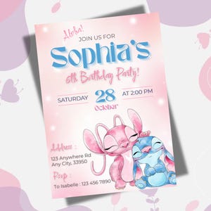 Lilo And Stitch Birthday Invitation, Printable Cute Stitch Party Invite, Stitch Party Template, Stitch And Angel, Canva Instant Download
