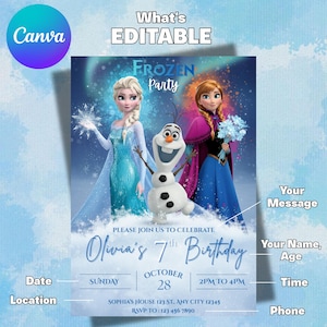 May include: A Frozen-themed birthday party invitation featuring Elsa, Anna, and Olaf. The invitation includes the text "Olivia's 7th Birthday" with customizable fields for date, time, location, and RSVP information. The Canva logo is in the upper left corner.