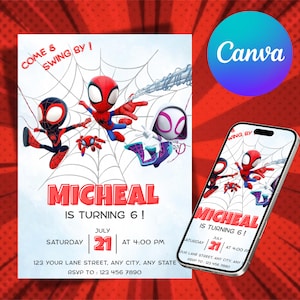 Może przedstawiać: Zaproszenie na przyjęcie urodzinowe z postaciami Spider-Mana. Zaproszenie zawiera tekst "MICHEAL MA 6 LAT!" z datą i godziną. Smartfon wyświetla to samo zaproszenie. Logo Canva znajduje się w prawym g&oacute;rnym rogu.