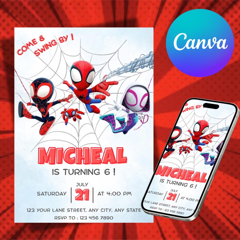 Może przedstawiać: Zaproszenie na przyjęcie urodzinowe z postaciami Spider-Mana. Zaproszenie zawiera tekst "MICHEAL MA 6 LAT!" z datą i godziną. Smartfon wyświetla to samo zaproszenie. Logo Canva znajduje się w prawym g&oacute;rnym rogu.