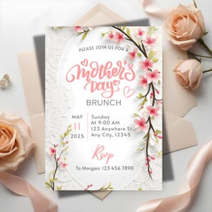 Mother’s Day Invitation | Pink Floral Editable Digital Invite | Spring Event Template | Instant Download Printable Card
