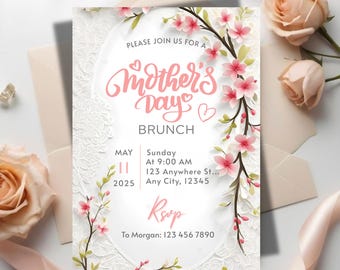 Invitación para el Día de la Madre / Invitación digital editable con flores rosas / Plantilla para evento de primavera / Tarjeta imprimible de descarga instantánea