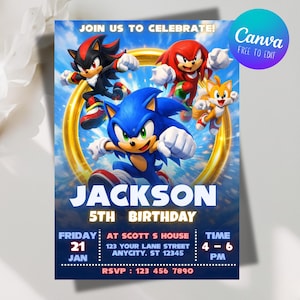 May include: A vibrant birthday invitation featuring Sonic the Hedgehog and friends. The invitation includes the text "JOIN US TO CELEBRATE!" and "JACKSON 5TH BIRTHDAY". Additional details include the date, time, location, and RSVP information.