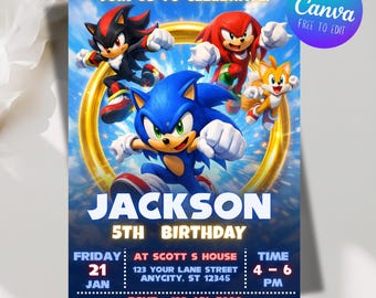 Invito di compleanno di Sonic 3, invito per la festa di compleanno di Super Hedgehog per ragazzi, modello di invito per bambini di Sonic modificabile, invito elettronico per bambini di Super Sonic, modello Canva