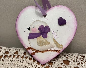 Hand Painted Heart, Bird wearing his purple bow.