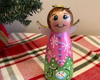Christmas Hand Painted Angel Peg Doll 3 1/2" Tall