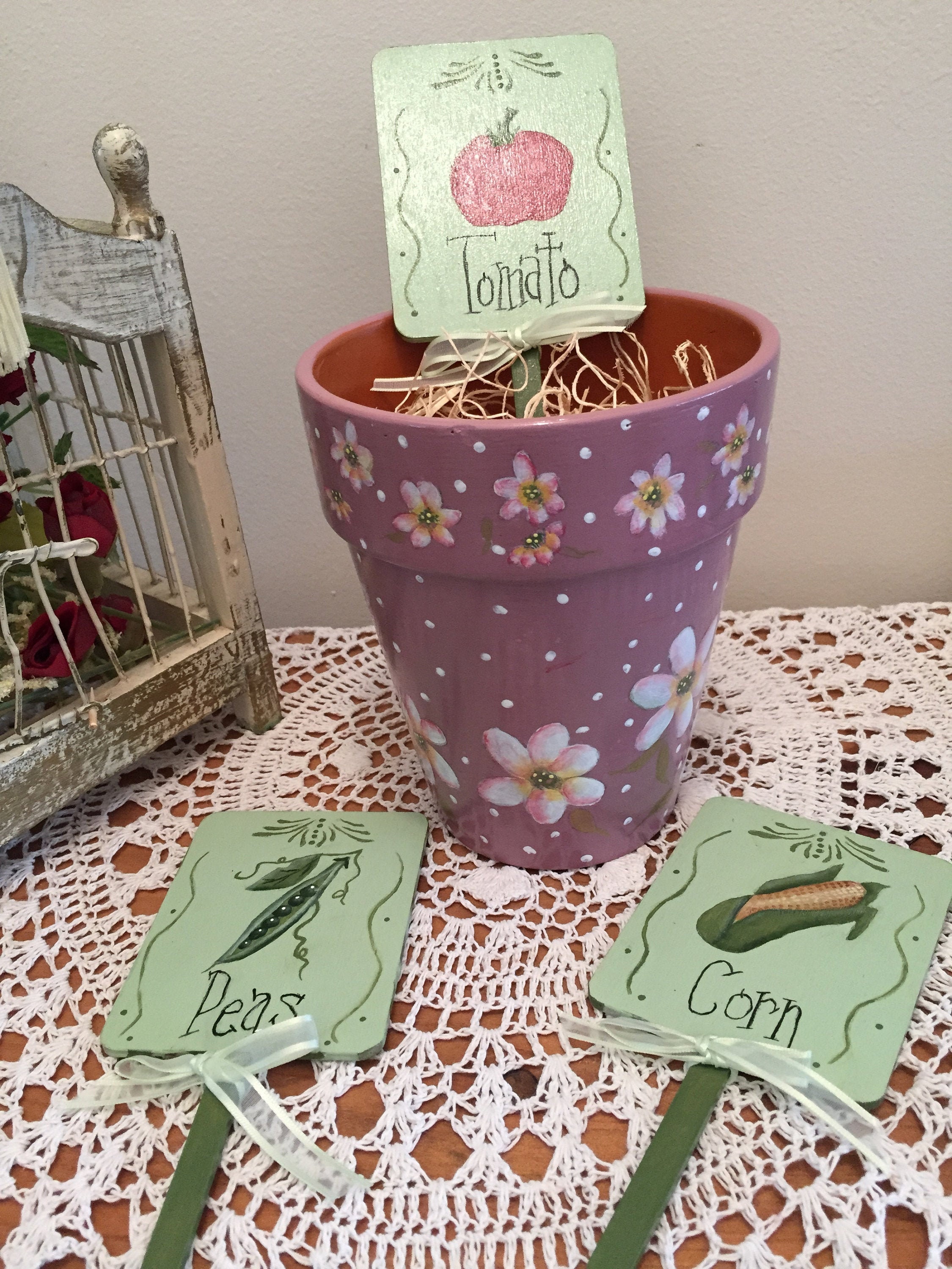 TerraCota Maceta 3 Estacas de Jardín Pintadas a mano | Etsy